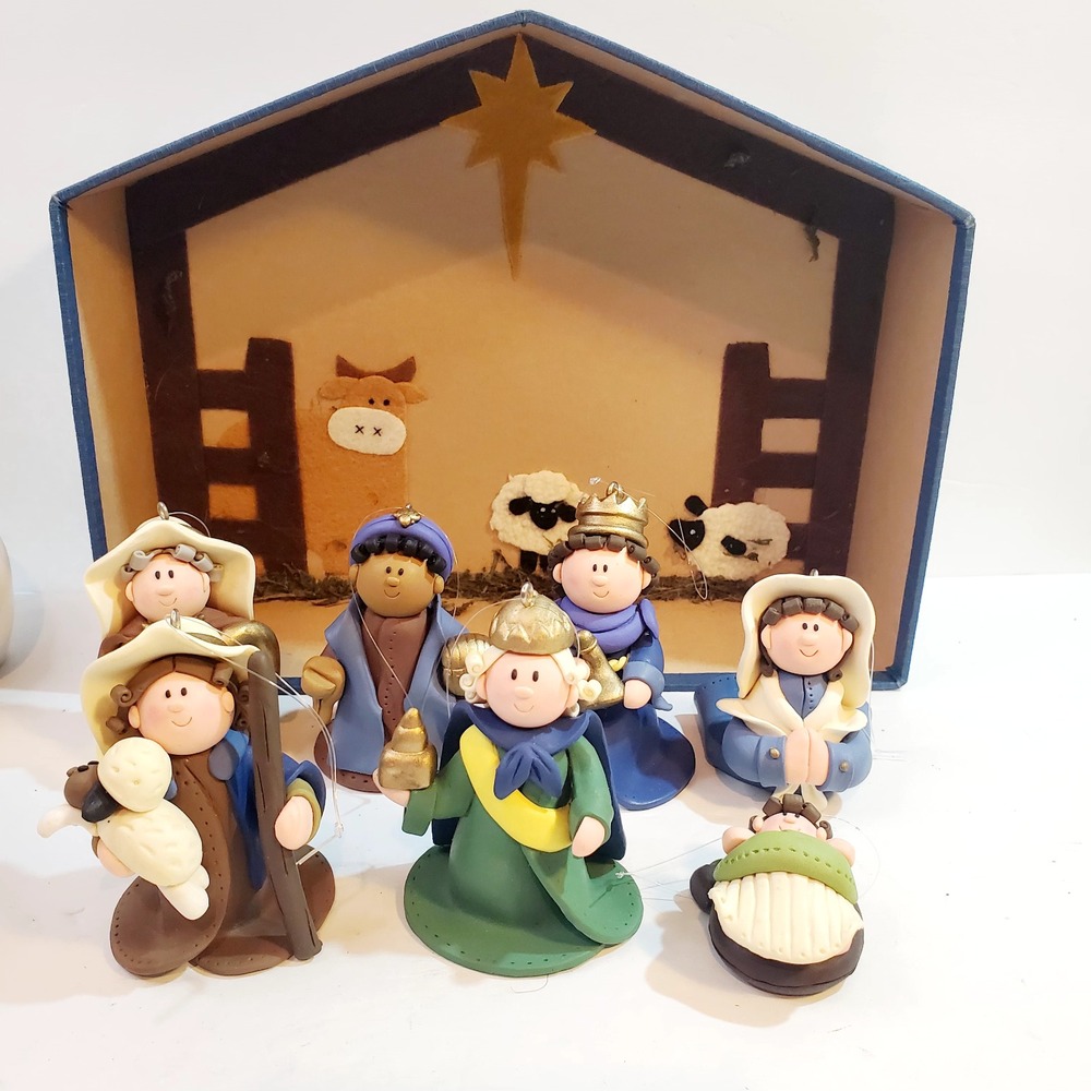 Christmas Children's Nativity Ornaments Set of 7 Polymer Clay Figures & Creche
